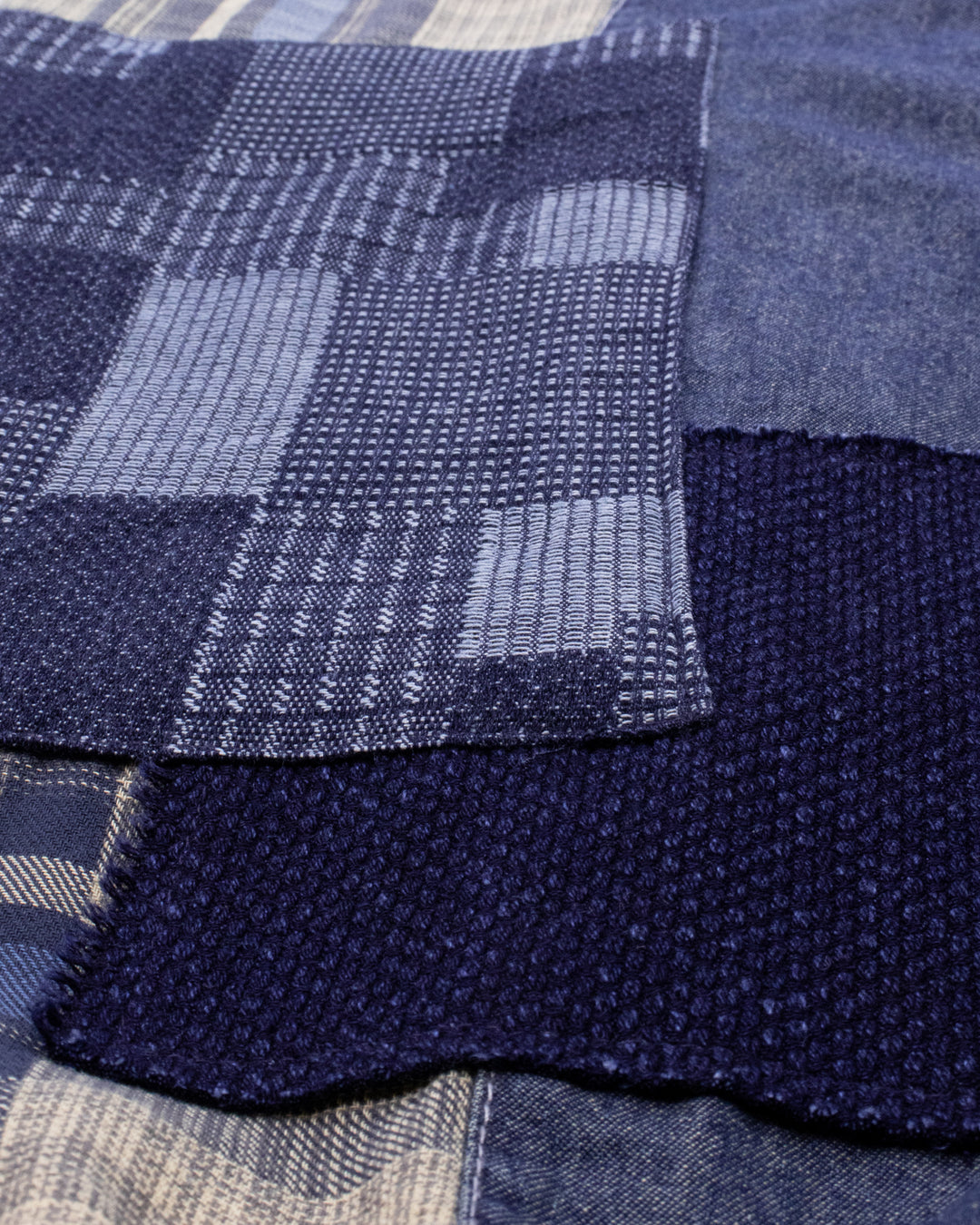 Kiriko Custom Skirt, Washed Indigo Patched with Sashiori, Sashiko, and Plaid