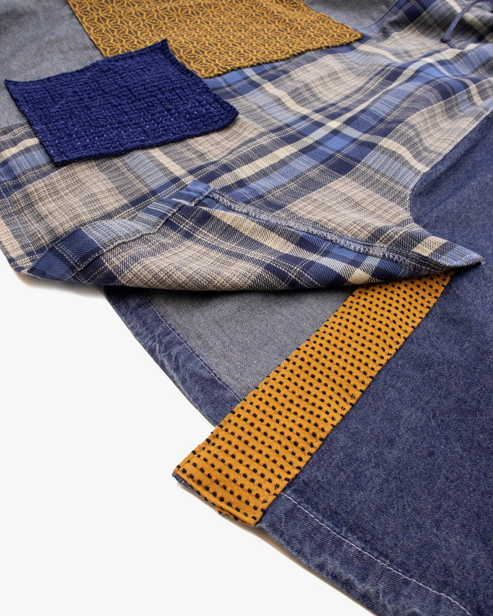 Kiriko Custom Skirt, Washed Indigo Patched with Sashiori, Sashiko, and Plaid