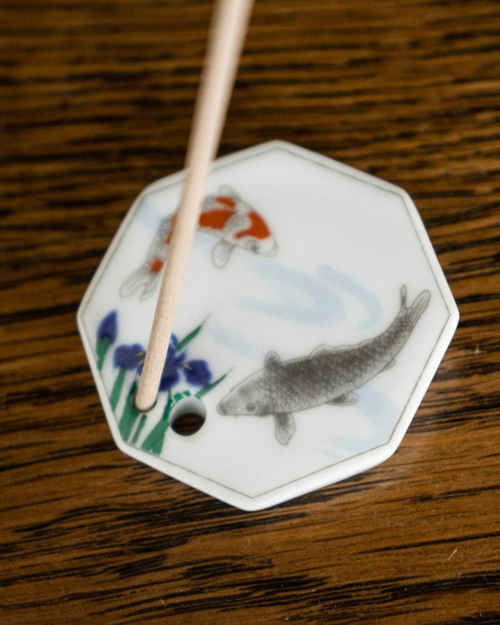 Shoyeido Incense Holder, Porcelain Tile, Iris and Fish