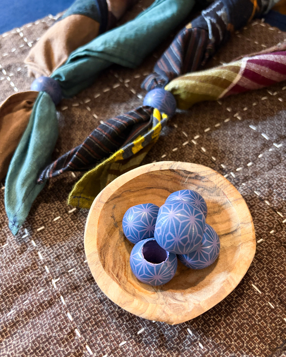 Kiriko Original Wooden Cuff, Blue with Asanoha