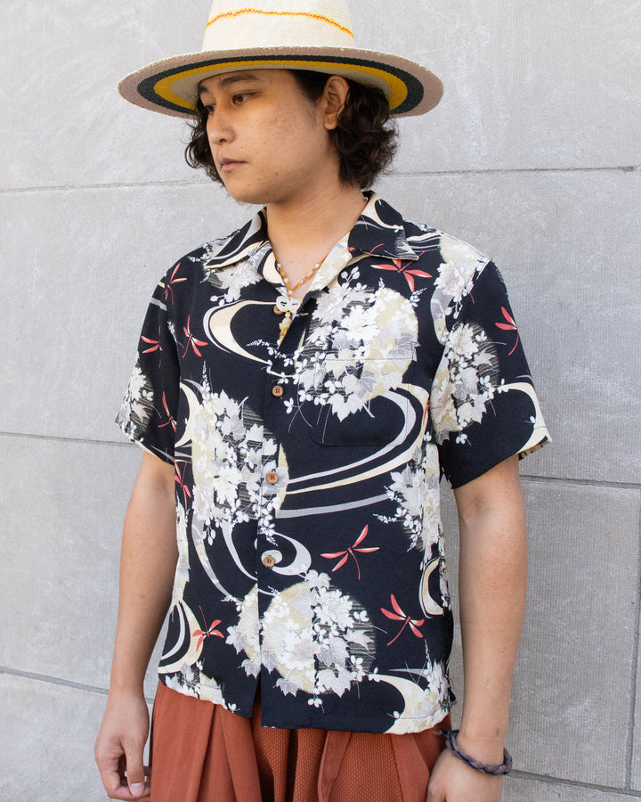 Japanese Repro, Short Sleeve Aloha Shirt, Eternal Brand, Black with Red Tonbo and Flowers - M