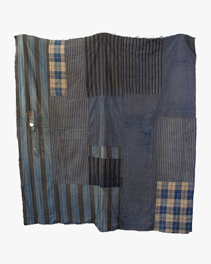 Vintage Boro Blanket, Tan and Blue Shima with Patches