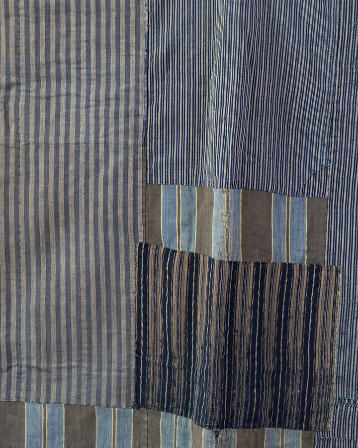 Vintage Boro Blanket, Tan and Blue Shima with Patches