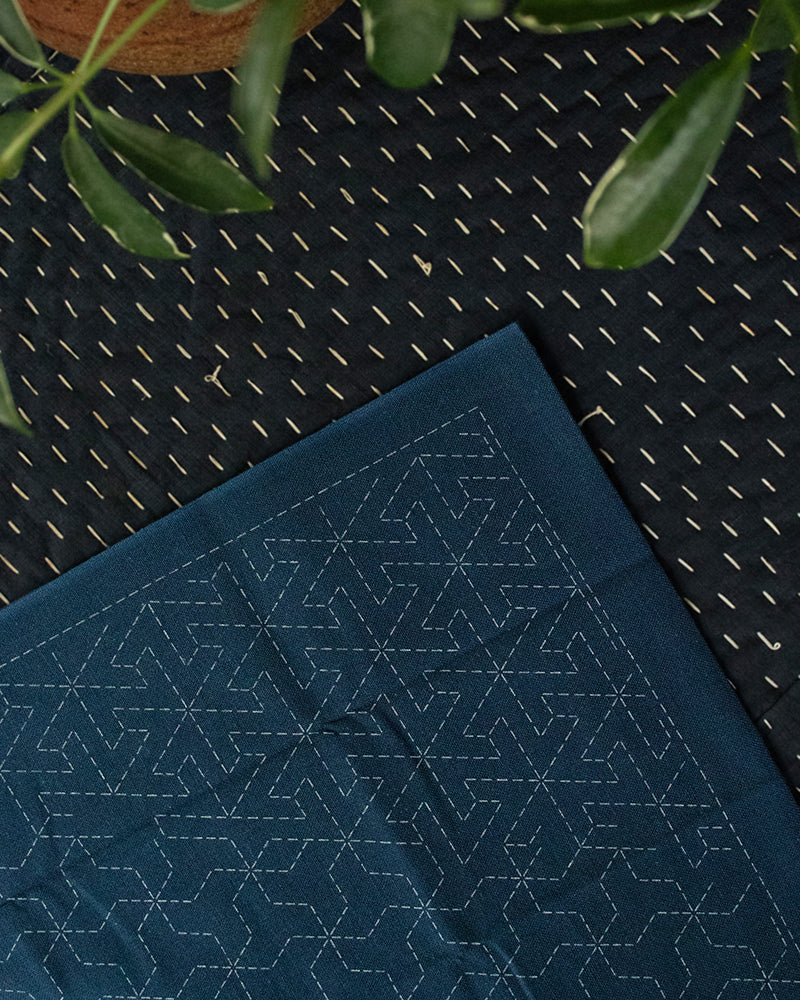 Hana-Fukin Sashiko Sampler, Mutsute-tsunagi, Navy