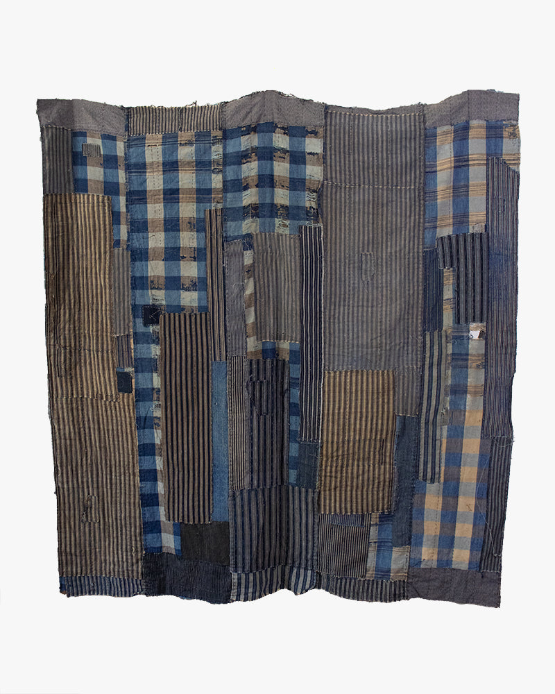 Vintage Boro Blanket, Tan and Blue Shima with Patches