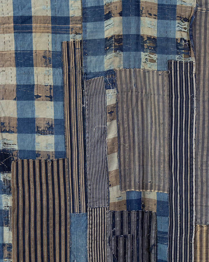 Vintage Boro Blanket, Tan and Blue Shima with Patches