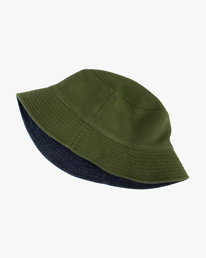Kiriko Original Bucket Hat, Reversible Green Sashi-ori and Denim