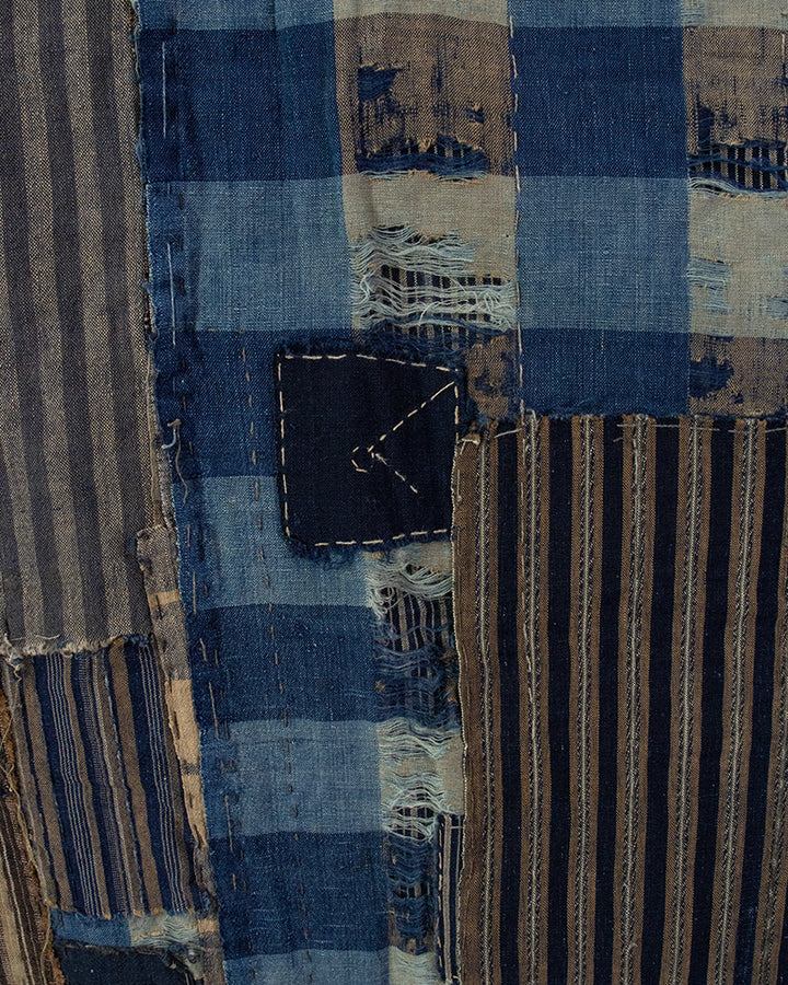 Vintage Boro Blanket, Tan and Blue Shima with Patches