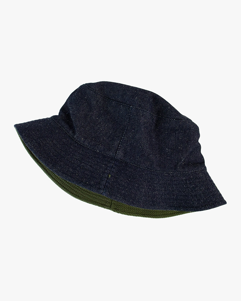 Kiriko Original Bucket Hat, Reversible Green Sashi-ori and Denim
