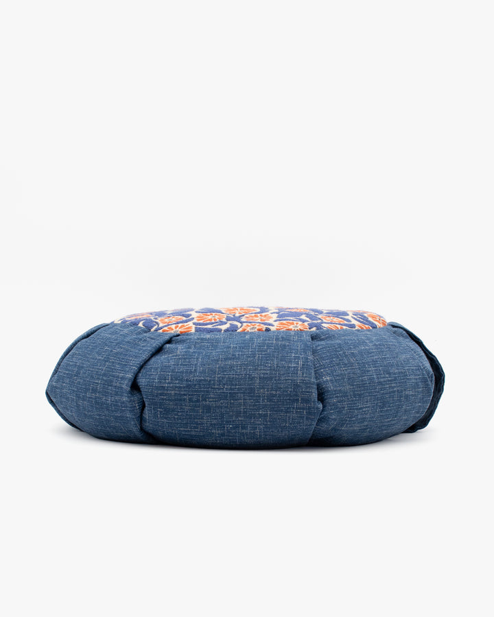 Kiriko Original Meditation Pillow, Two-Tone Zafu, Blue and Orange/Blue Flower Jacquard