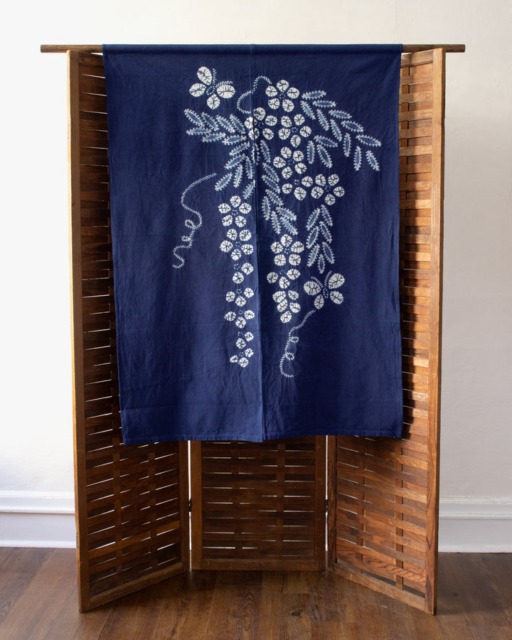 Vintage Noren, Indigo Shibori, Flowers and Butterflies