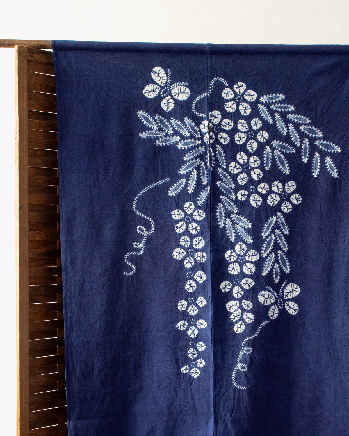 Vintage Noren, Indigo Shibori, Flowers and Butterflies