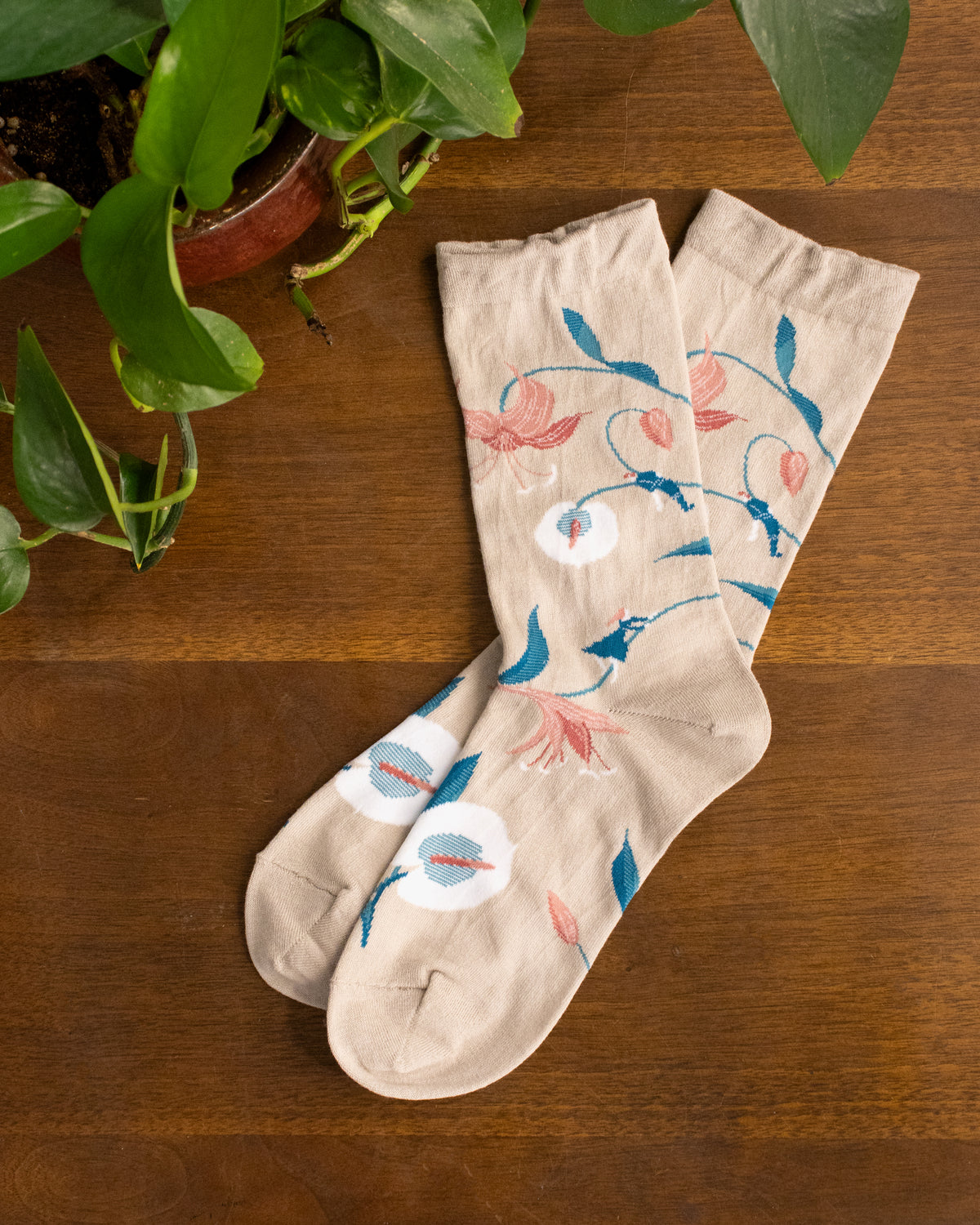 Debby Co. Crew Socks, Andeotte Collection, Botanical Dance Beige