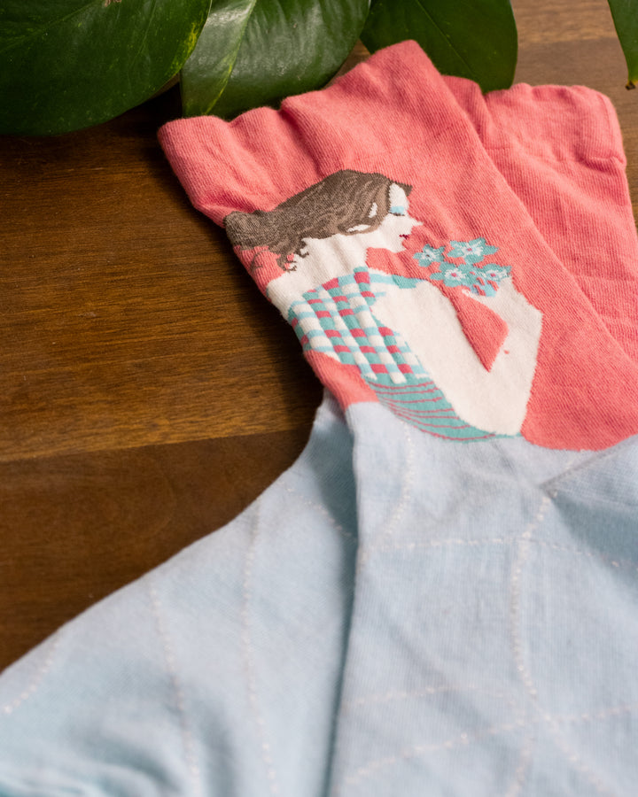 Debby Co., Crew Socks, Andé Collection, Pink with Girl Holding Flowers