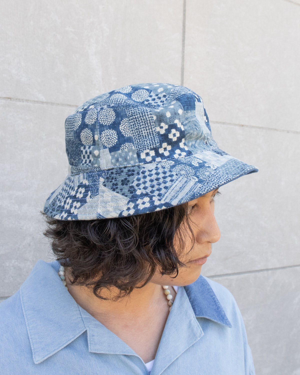 Kiriko Original Indigo Bucket Hat, Reversible, Small indigo Patch Work Style Denim
