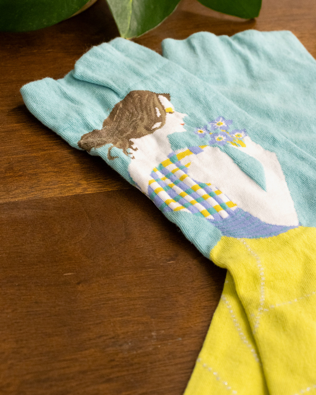 Debby Co., Crew Socks, Andé Collection, Blue and Lime with Girl Holding Flowers