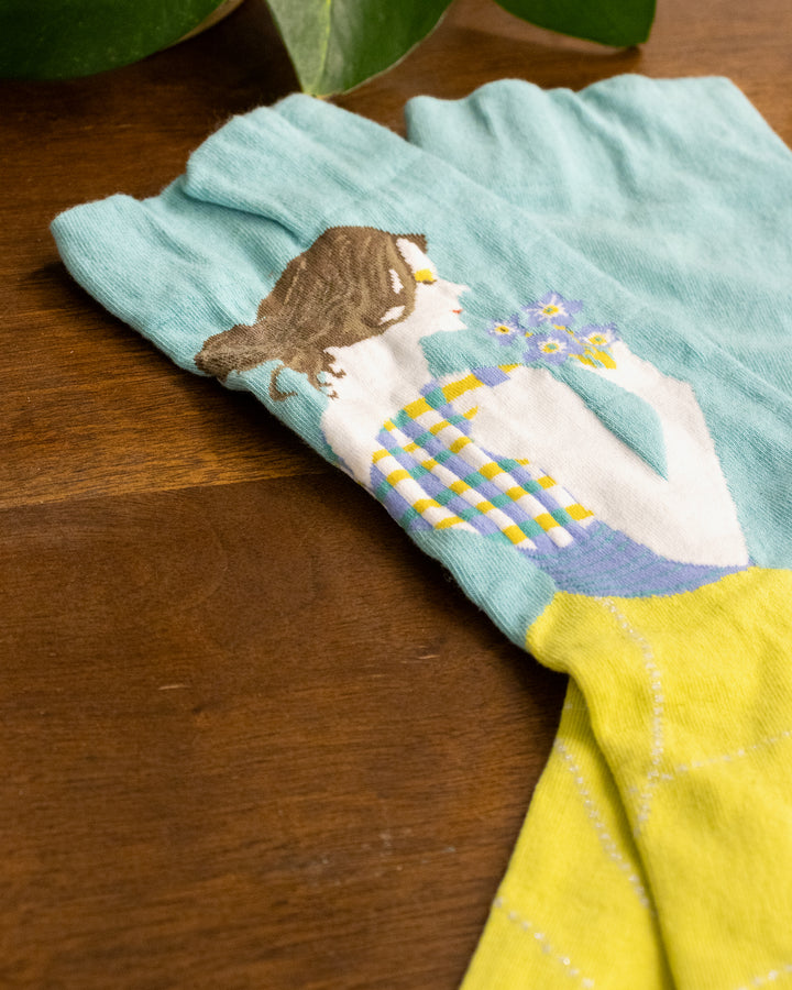 Debby Co., Crew Socks, Andé Collection, Blue and Lime with Girl Holding Flowers