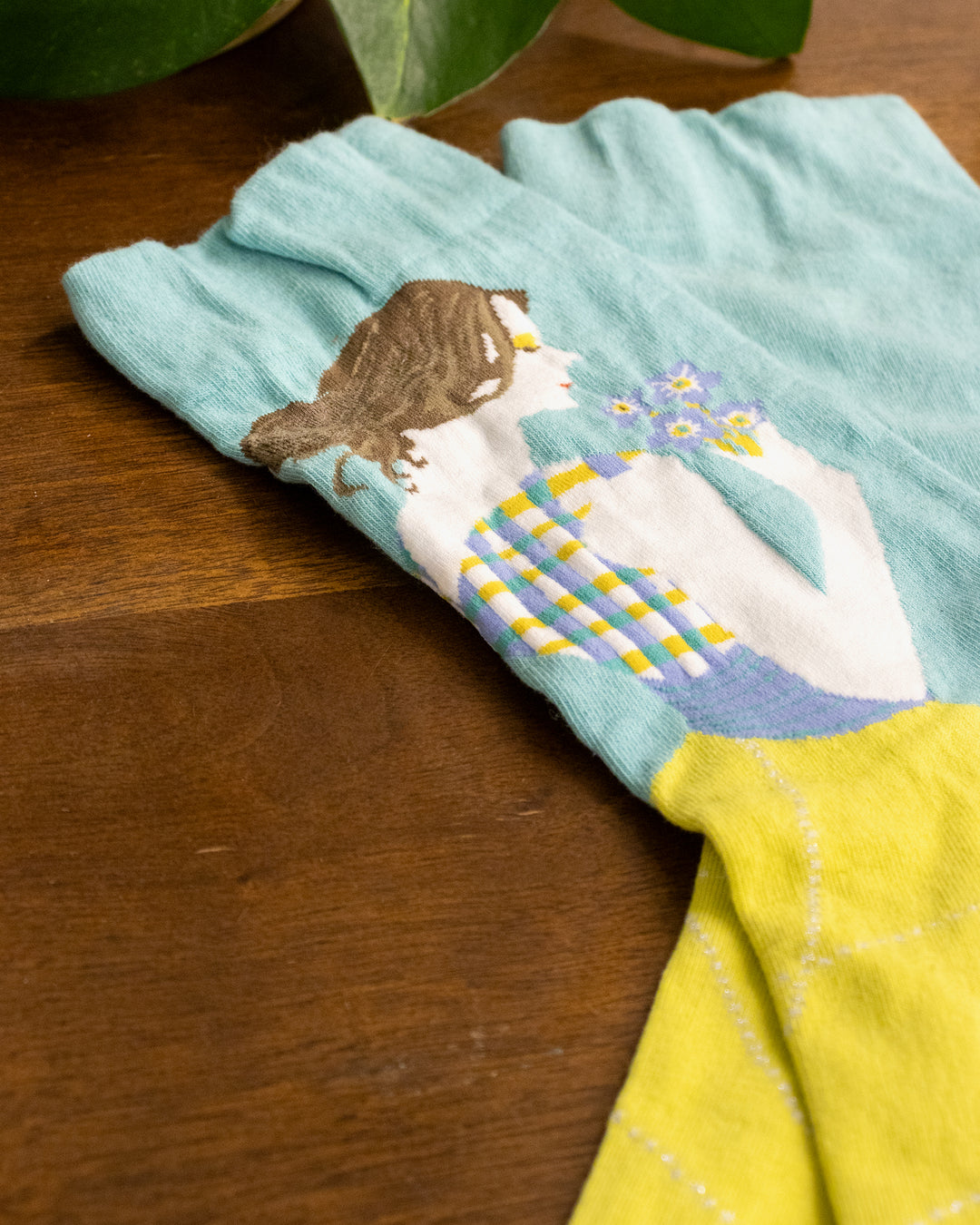 Debby Co., Crew Socks, Andé Collection, Blue and Lime with Girl Holding Flowers