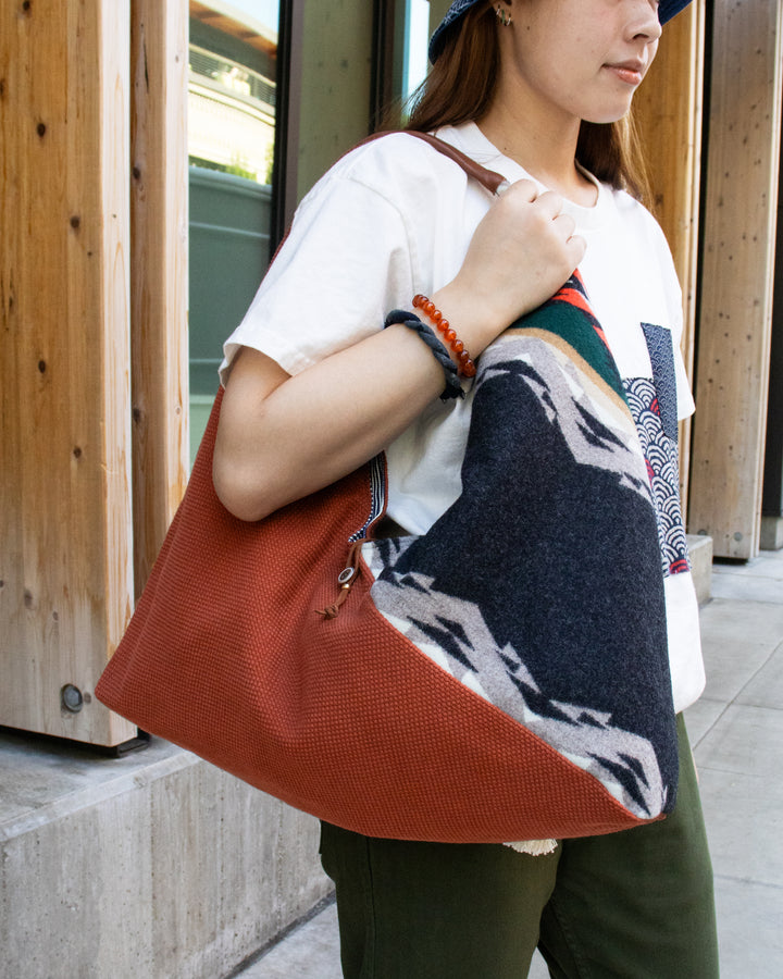 Kiriko Original Tsuno Tote, Sashi-Ori, Burnt Orange with Multicolor Wool Pendleton Fabric