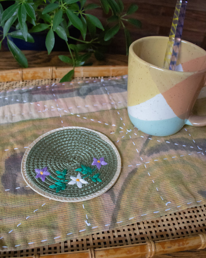 Coaster, Bisque, Embroidered Green