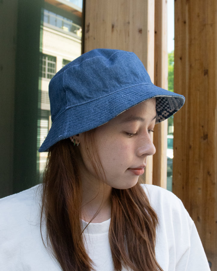 Kiriko Original Indigo Bucket Hat, Reversible, Small indigo Patch Work Style Denim