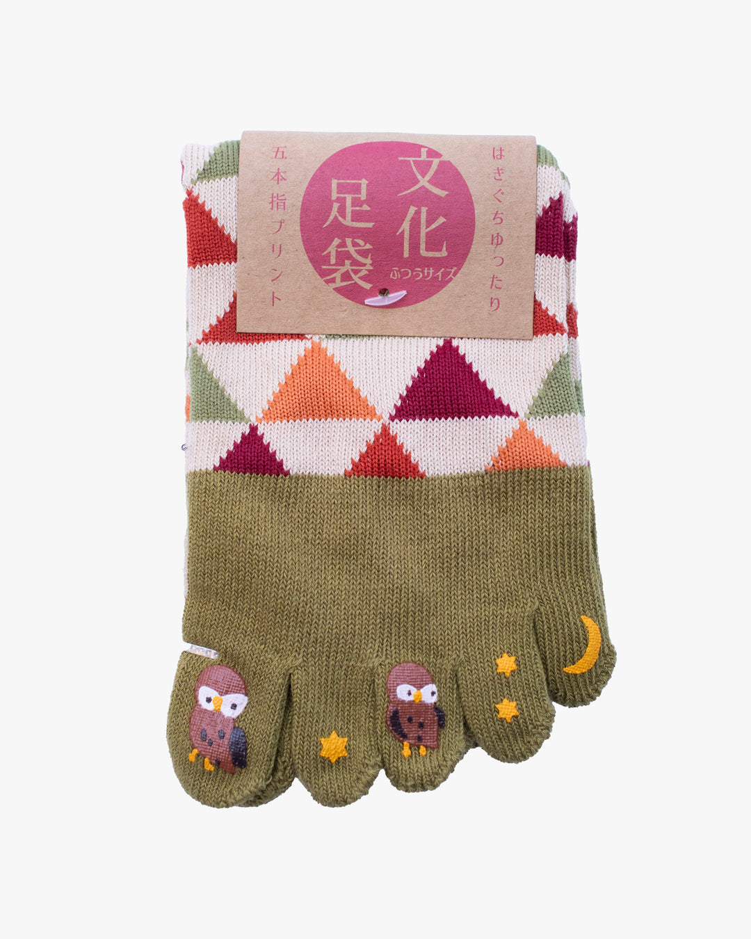 Kurochiku, Toe Socks, Crew, Beige and Orange and Green and Red Triangles (S/M)