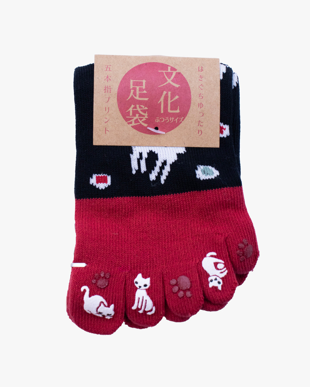 Kurochiku, Toe Socks, Crew, Red and Black with Cats (S/M)