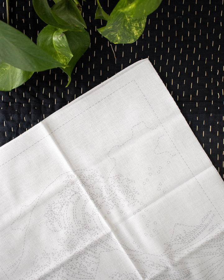 Hana-Fukin Sashiko Sampler, Hokusai "Thirty-six Views of Mount Fuji" The Great Wave off Kanagawa, White