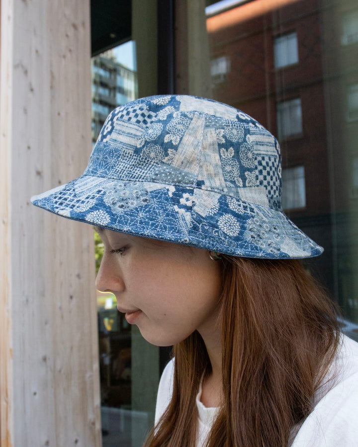 Kiriko Original Indigo Bucket Hat, Reversible, Small indigo Patch Work Style Denim