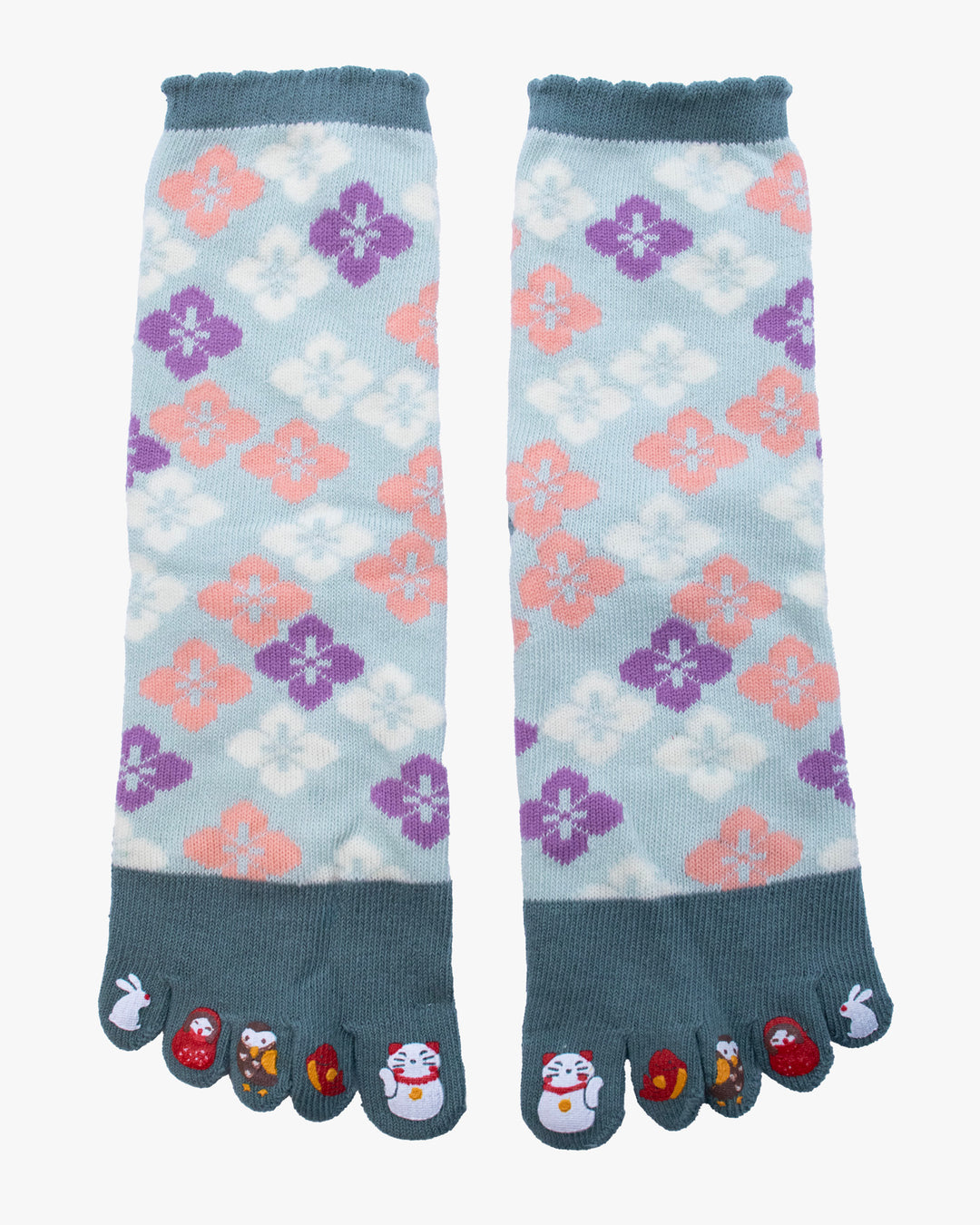 Kurochiku, Toe Socks, Crew, Blue with Pink and Purple Flowers (S/M)