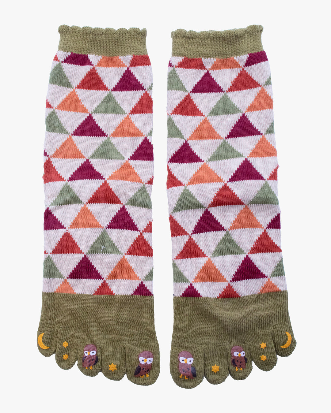 Kurochiku, Toe Socks, Crew, Beige and Orange and Green and Red Triangles (S/M)