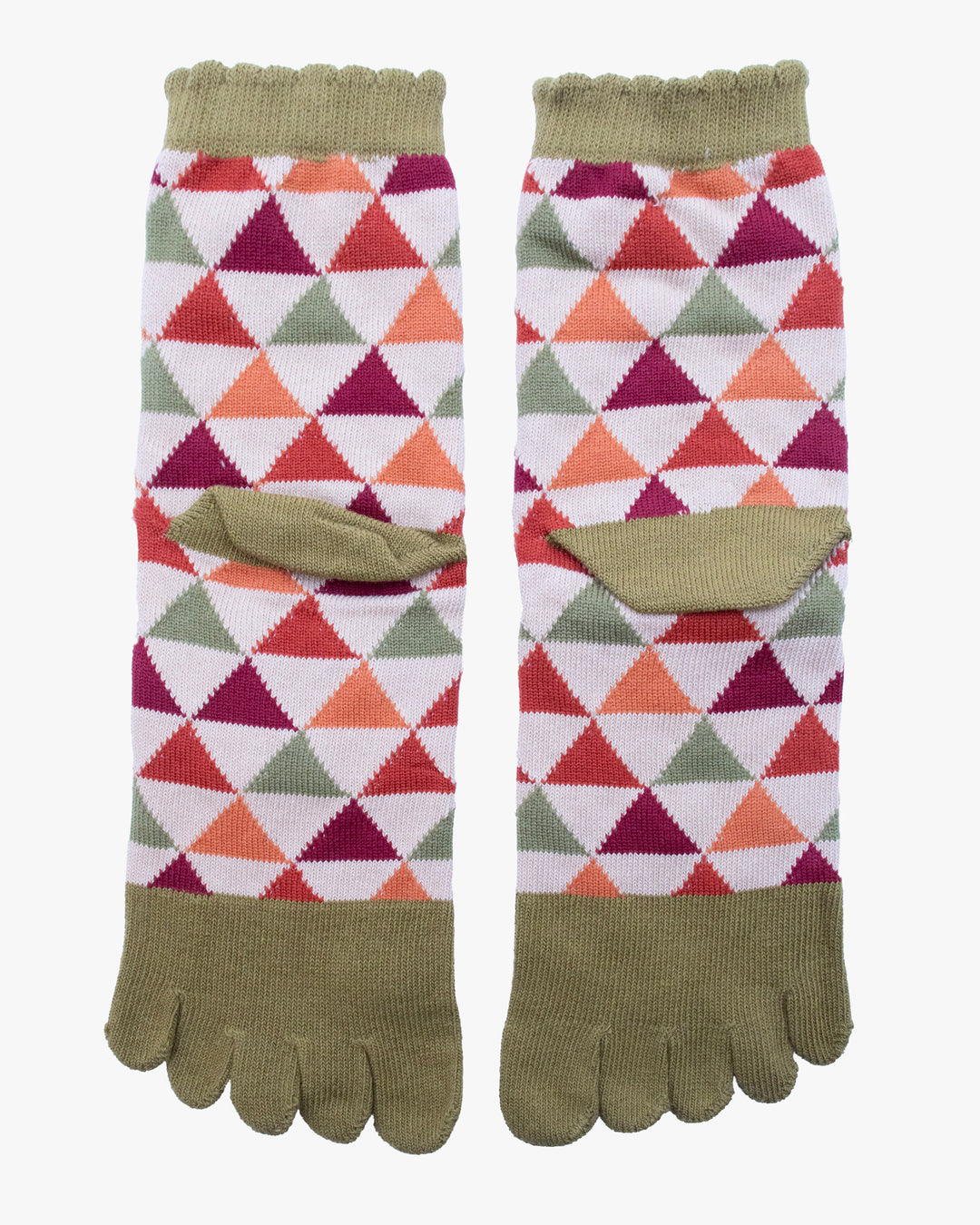 Kurochiku, Toe Socks, Crew, Beige and Orange and Green and Red Triangles (S/M)