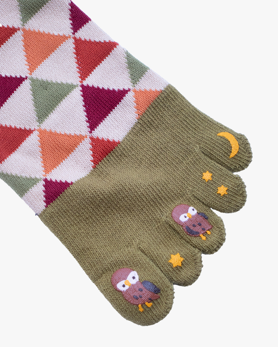 Kurochiku, Toe Socks, Crew, Beige and Orange and Green and Red Triangles (S/M)