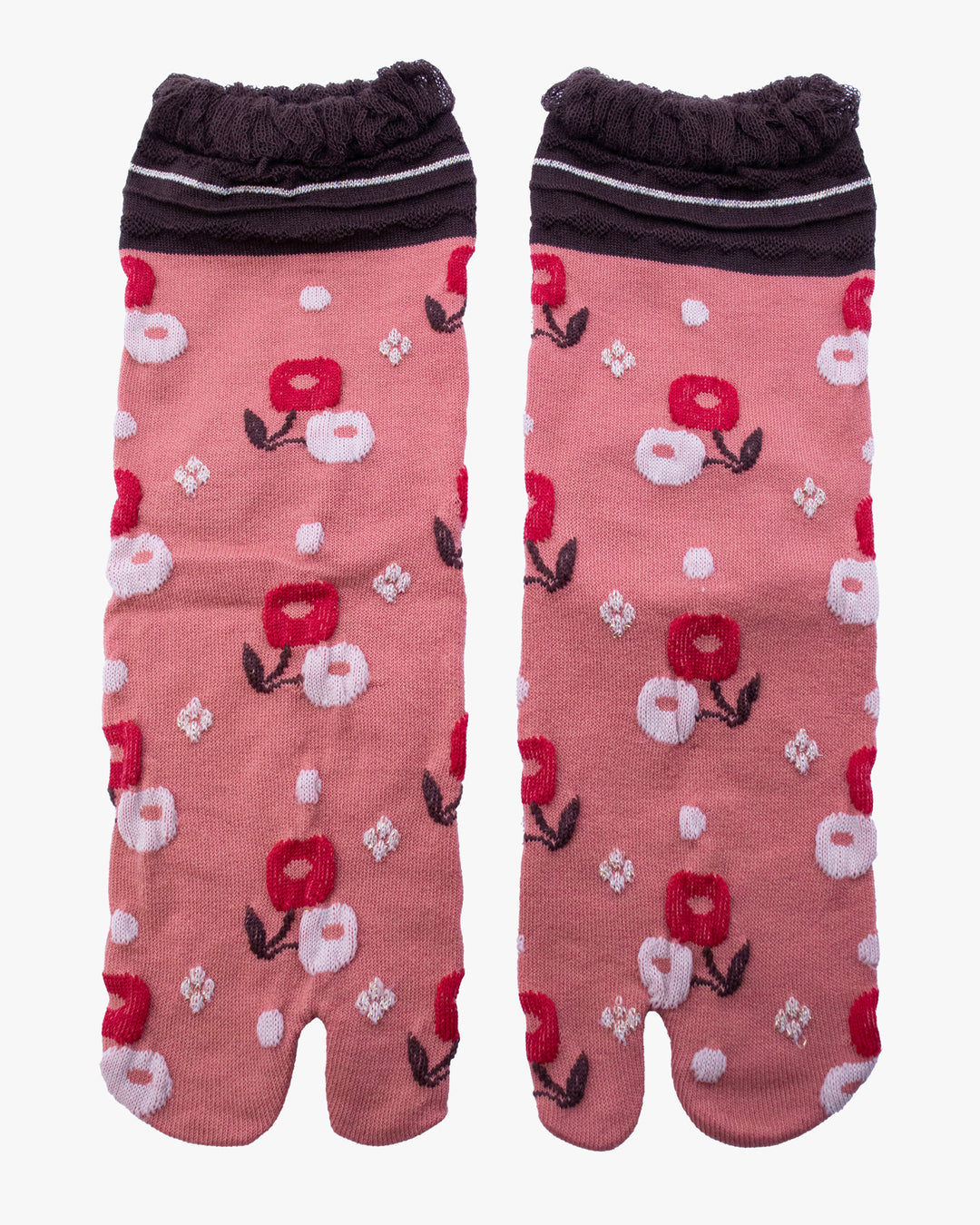 Kurochiku, Tabi Socks, Crew, Coral with Dark and Light Pink Flowers (S/M)