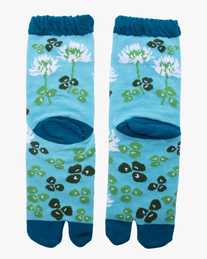 Kurochiku, Tabi Socks, Crew, Light Blue with Green and White Flowers (S/M)