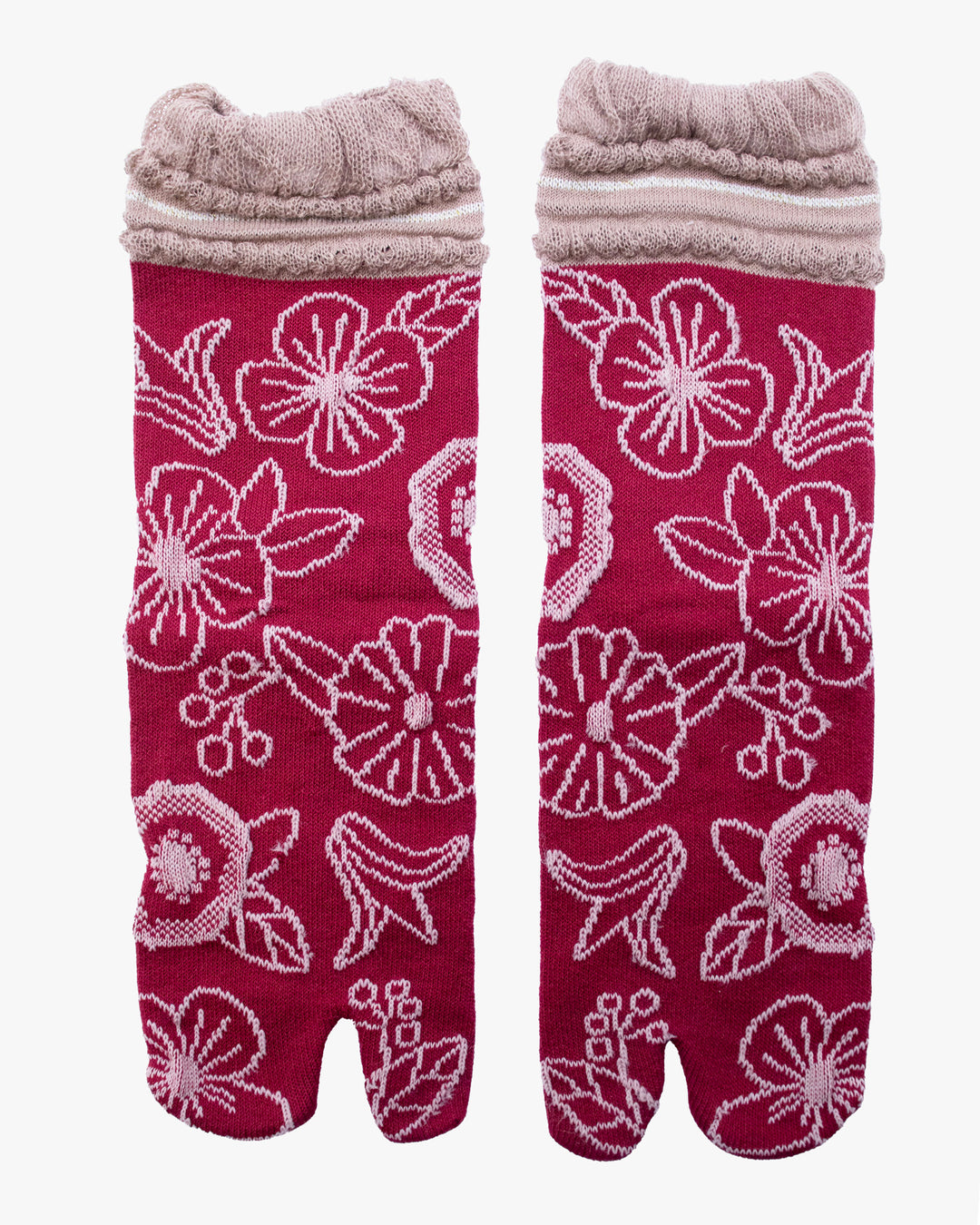 Kurochiku, Tabi Socks, Crew, Magenta with Light Pink Flowers (S/M)