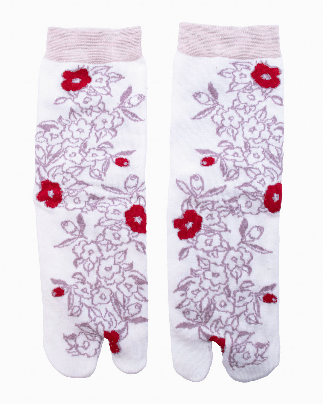 Kurochiku, Tabi Socks, Crew, White with Purple and Red Flowers (S/M)