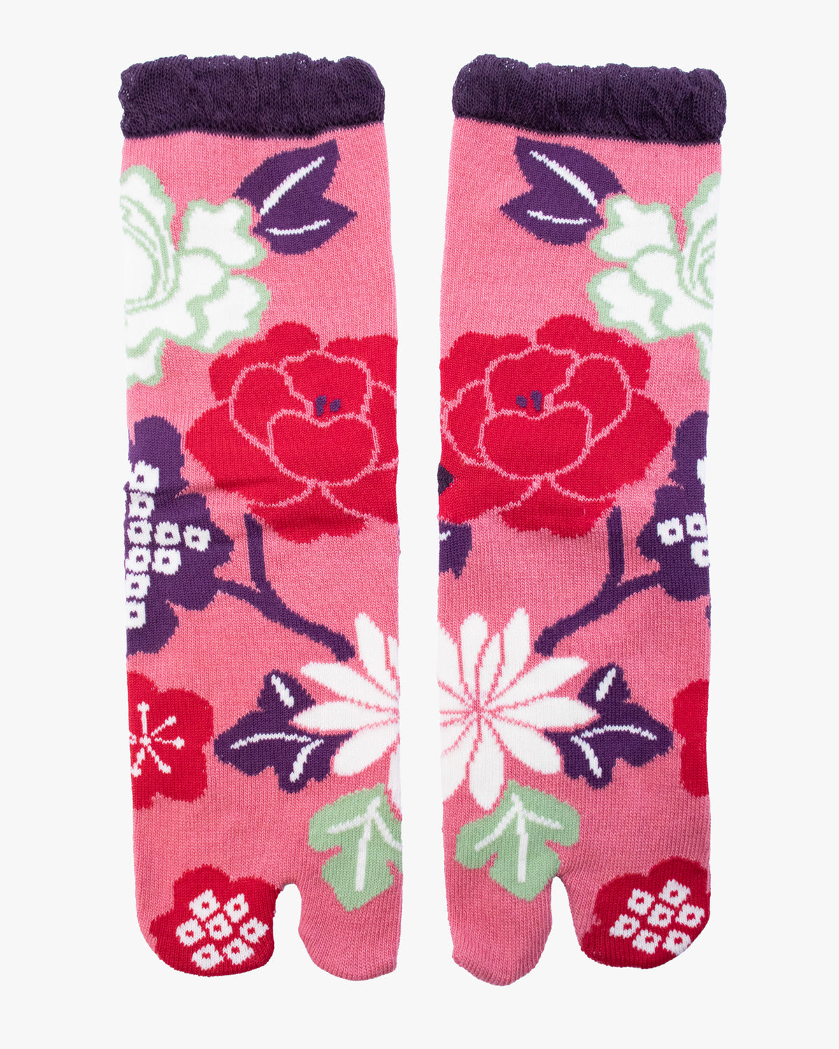 Kurochiku, Tabi Socks, Crew, Pink with Purple and White Flowers (S/M)