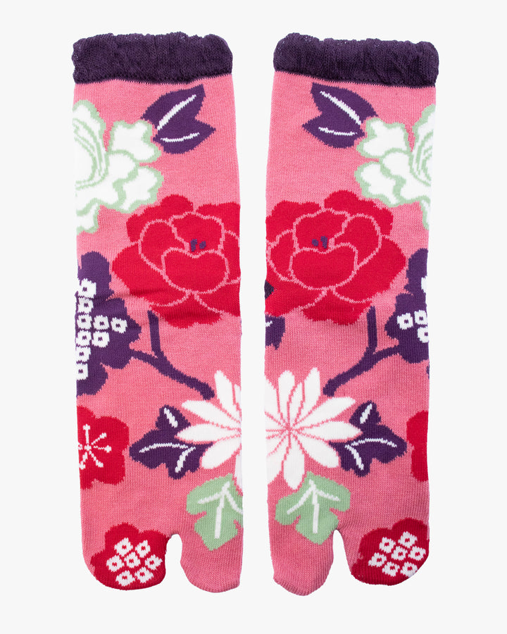 Kurochiku, Tabi Socks, Crew, Pink with Purple and White Flowers (S/M)