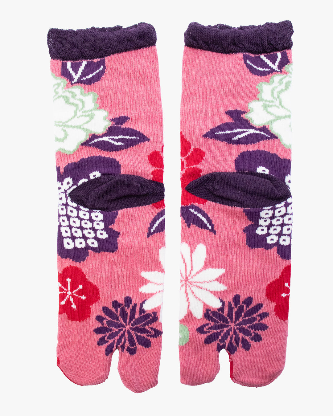 Kurochiku, Tabi Socks, Crew, Pink with Purple and White Flowers (S/M)