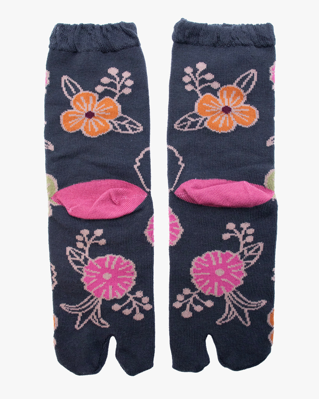 Kurochiku, Tabi Socks, Crew, Charcoal with Orange and Tan Flowers (S/M)