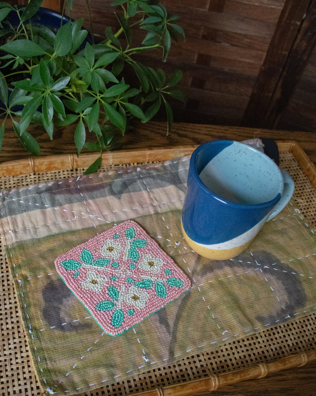 Coaster, Bisque, Beaded Flower Pattern Pink