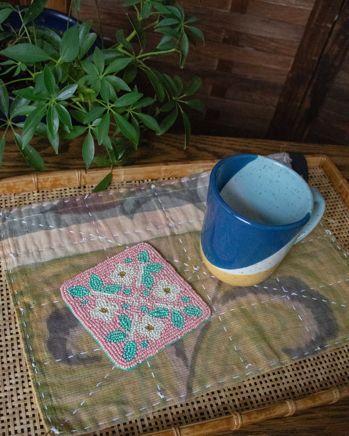 Coaster, Bisque, Beaded Flower Pattern Pink
