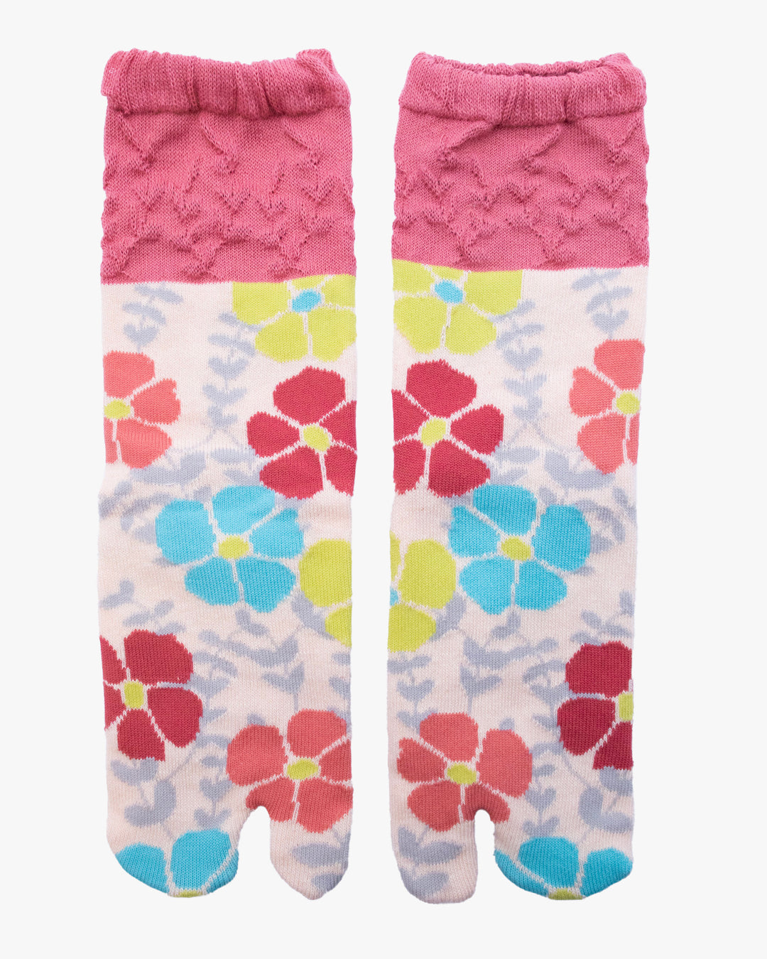 Kurochiku, Tabi Socks, Crew, Cream with Pink and Blue Flowers (S/M)