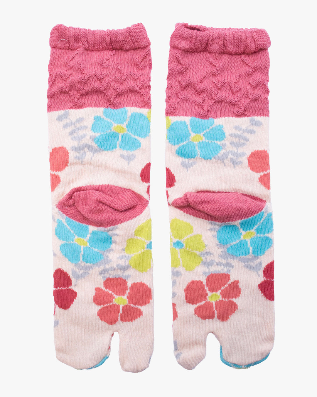 Kurochiku, Tabi Socks, Crew, Cream with Pink and Blue Flowers (S/M)