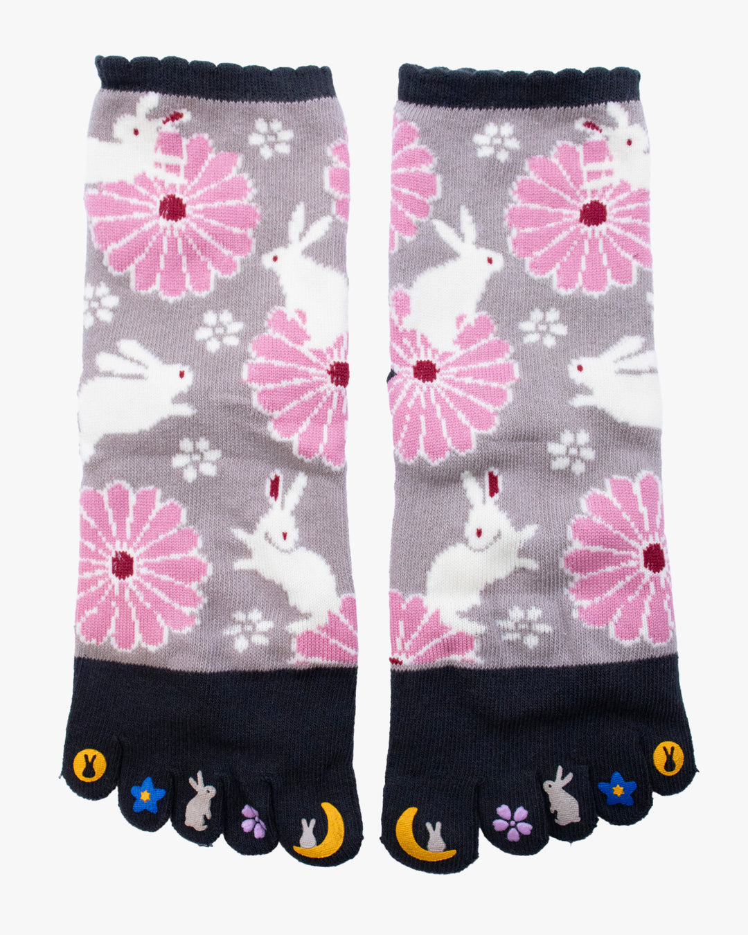 Kurochiku, Toe Socks, Crew, Grey with Pink and White Flowers (S/M)