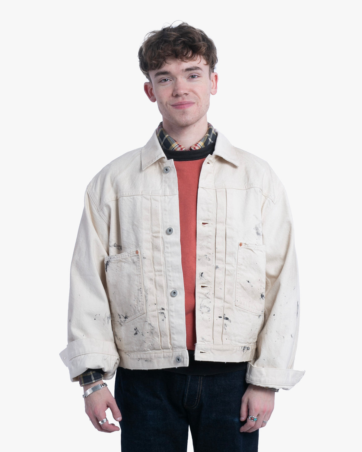 Japanese Repro Denim Jacket, M, John Bull, Ecru with Paint-Splatter Pattern