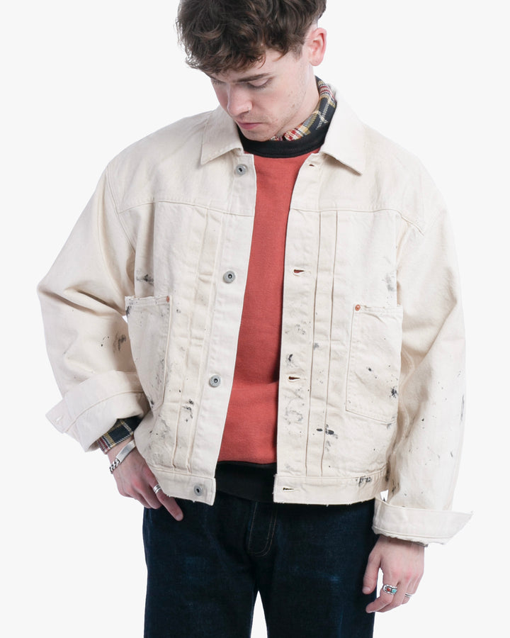 Japanese Repro Denim Jacket, M, John Bull, Ecru with Paint-Splatter Pattern