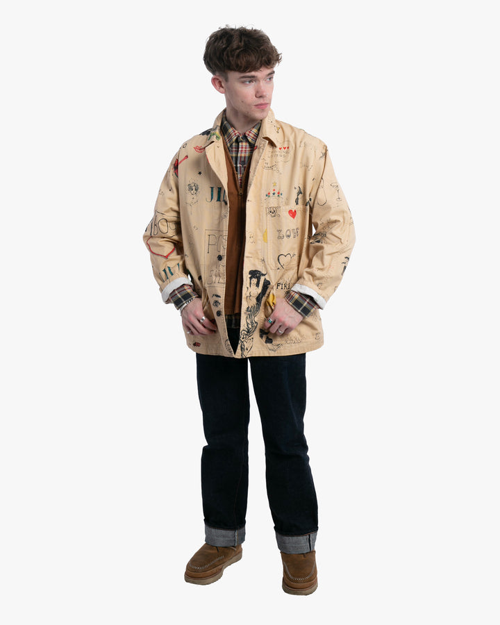Japanese Repro Chore Jacket, L, Bohemians, Beige Allover Illustrated