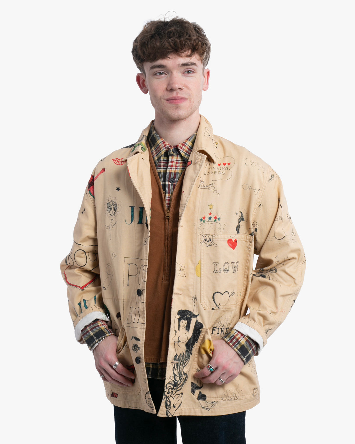 Japanese Repro Chore Jacket, L, Bohemians, Beige Allover Illustrated